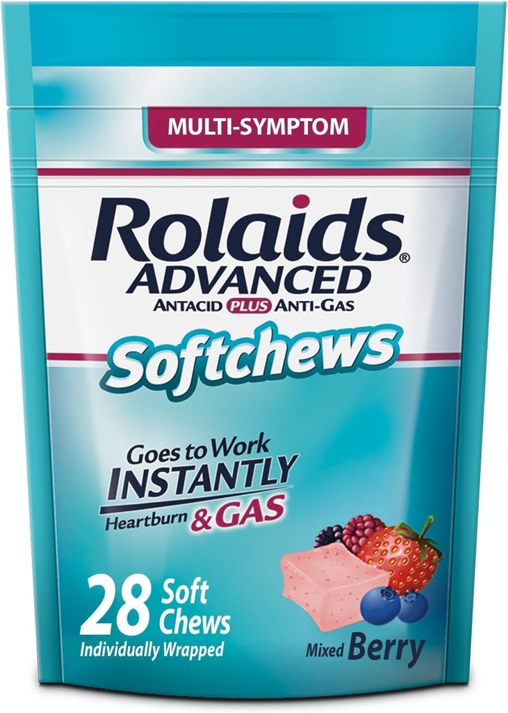 Rolaids Advanced Antiacid Plus Anti-Gas Softchews, 28 Count, Mixed Berry, Heartburn and Gas Relief