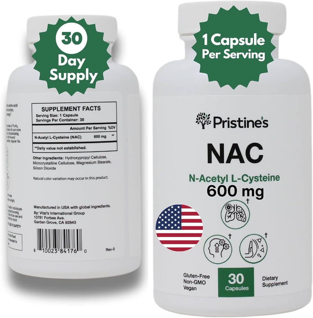 PRISTINE N-Acetyl L-Cysteine (NAC) 600MG 30-Day Supply Lung & hepatic Imunity Supliment Capsule antioxidante - Mood & Mental Health Support