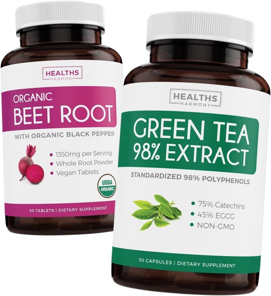 Sfeclă rădăcină și extract de ceai verde (2-Steek Supply) Beet & Tea Power Mix - Organic Beet Root with Black Pepper for Absorbtion 1250mg (30 Tablets) & Green Tea Extract 98% with EGCG 1000mg per serve (30 caps)