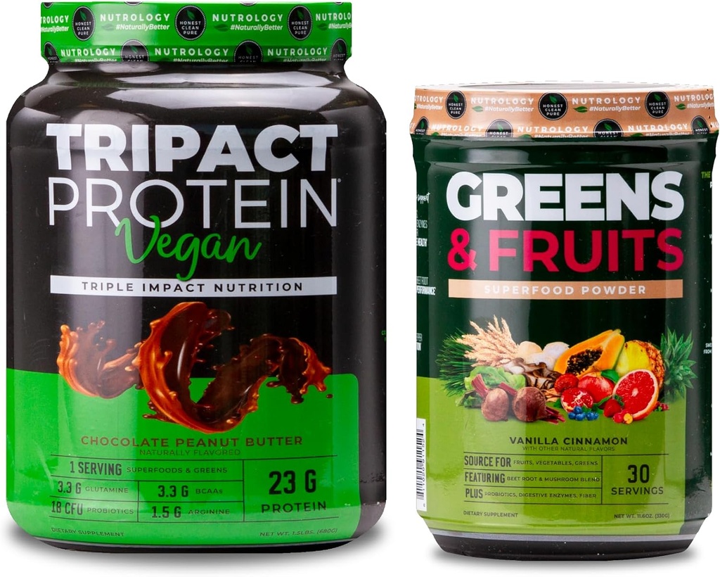 Nurology Greens & Fruits Powder-Natural Soursed Superfood, Vanilla Scorțișoară (30 Servings) TRIPACT Pudra de proteine din Vegan, Unt de arahide de ciocolată (20 serviri)