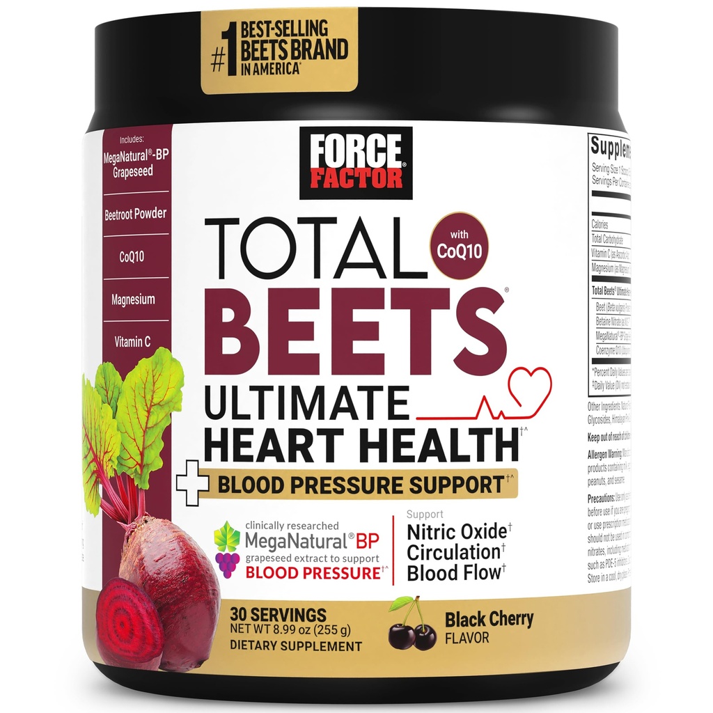 Force Factor Total Sfecla Ultimate Heart Health Suport de presiune a sângelui cu CoQ10, Root Powder, Extract de semințe de struguri, Suplimentul de presiune a sângelui pentru circulatie, negru Cherry, 30 Serviri