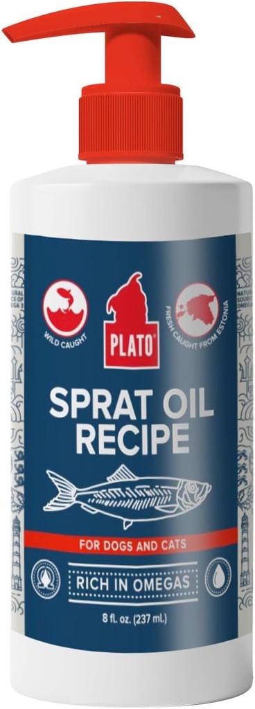 PLATO Pet tratează ulei de pește pentru câini - Omega 3 Ulei pentru câini - Sprijină sănătos piele și haină - Marea Baltică Sprat Oil Recipe 8 Ounces