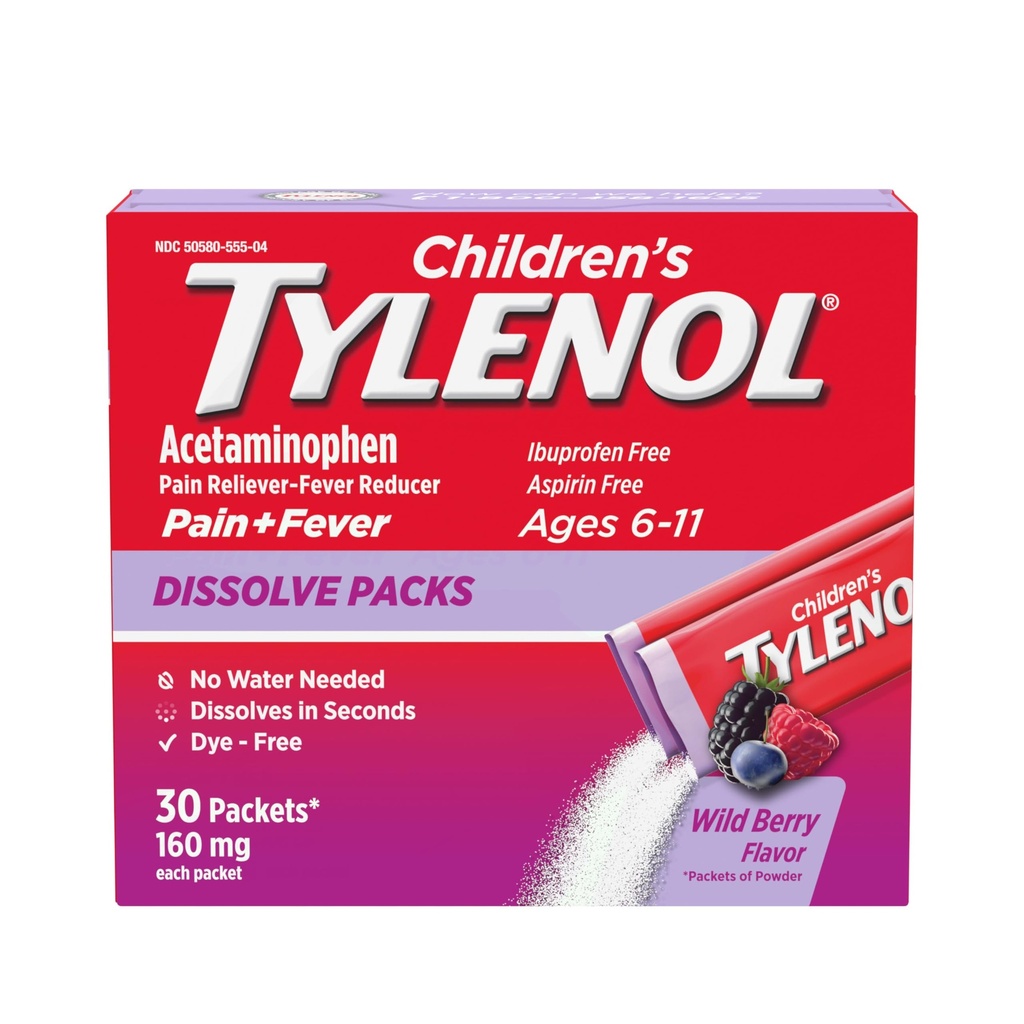 Ambalaje pentru copii Tylenol dizolvare pentru ameliorarea durerii, medicamente pentru febra, 160 mg Acetaminofen, Die Free, Pachete pentru pudra pentru copii de la rece si gripa Symptom Relief; Flavor Berry sălbatic, 30 ct.; Pachet de 1