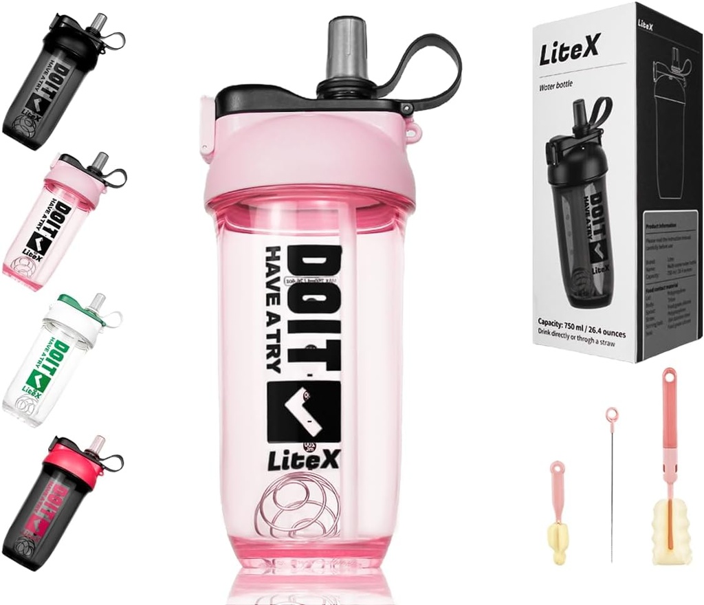 Litex Shaker Sticle pentru Shakes Proteine, 26oz Blender Shaker Sticla pentru pre-Workout, Cupe Shaker cu paie, BPA-free Tritan Sticle Mixer pentru pulbere de proteine, cu Cup Brush și Instrucțiuni (Pink)