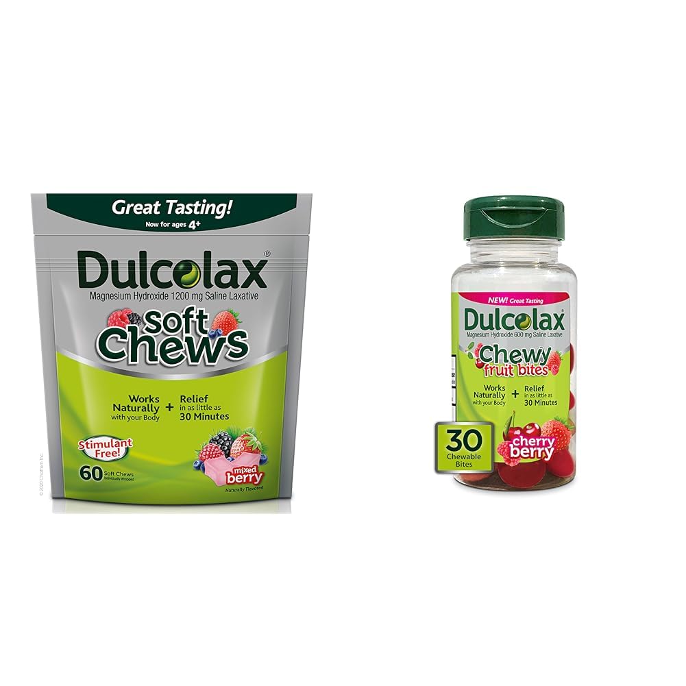 Dulcolax Soft Chews Saline Laxative Mixed Berry (60ct) Gentle Constipation Relief & Chewy Fruit Bites, Saline Laxative, Cherry Berry (30ct) Cramp-Free Constipație Ajutor