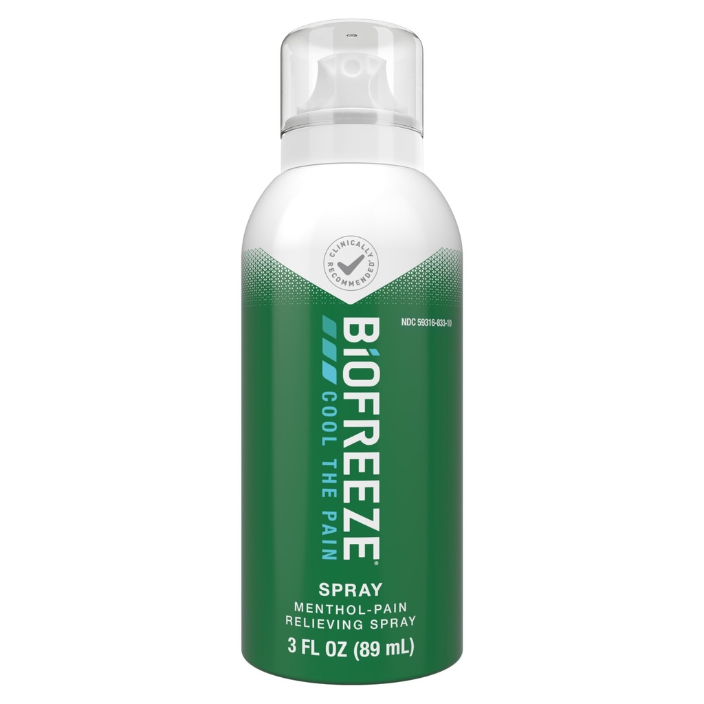 Biofreeze Mentol Spray 3 FL OZ Aerosol fără culoare pentru ameliorarea durerii asociate cu dureri musculare, artrită, dureri de spate simple, și dureri articulare