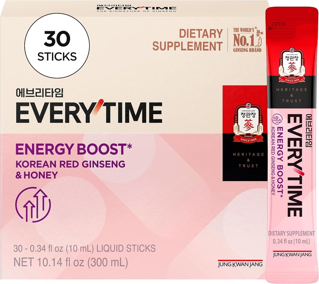JUNG KWAN JANG De fiecare dată energie Boost coreeană Red Ginseng extract Stick 1000mg & Honey - Vegan Ginseng energie bautura lichid Stick Suplimente - Construiește rezistență și imunitate fără cofeină (30 Sticks)