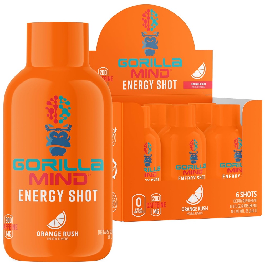 Gorila mode Energy Shots (6-Pack) - Energetic Shots for Enhanced Focus & Energy, Sugar-Free, Fast-Actioning, Pottent Formula with Vitamins & Natural Extras (Orange Rush)
