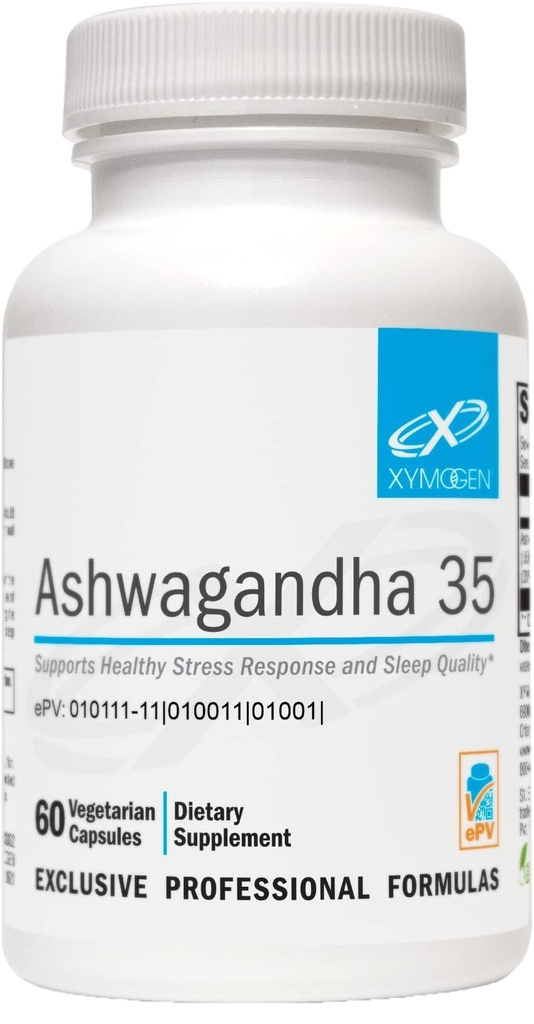 XYMOGEN Ashwagandha 35 - Patentat, Purified Ashwagandha Root + Extract de frunze (35% Glycodide cucanolide) - Sprijină răspuns sănătos la stres, relaxare și odihnă de noapte de calitate (60 capsule)