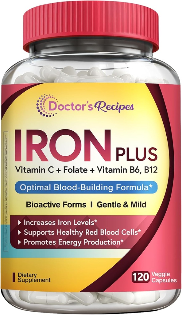 Retete Medicului Supliment de fier pentru barbati - Blind fier Bisglicinat cu vitamina C, B6, Folate & B12 - Pastile de fier neconspitante & Stomac prietenos pentru suport de sânge & energie, 120 Vegan Caps