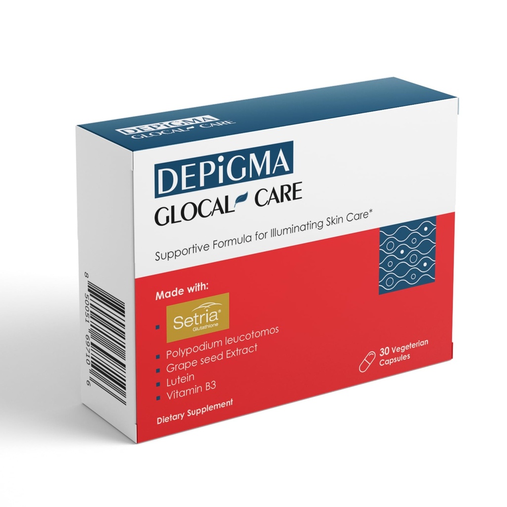 GlocalCare Depigma suport Reducerea hiperpigmentarii, Melasma si pete intunecate cu glutationa, Leucomos Polypodium, Seminte de struguri si extract Marigold