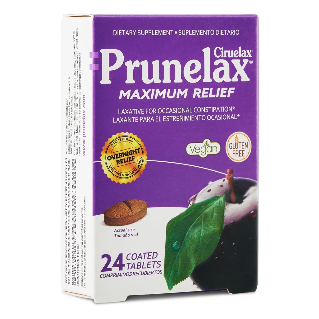 Prunelax Ciruelax Tablete Laxative de ajutor maxim cu Senna naturale pentru constipație ocazională, extract de senna, Vegan & Gluten-Free, ajutor overnight blând - 24ct