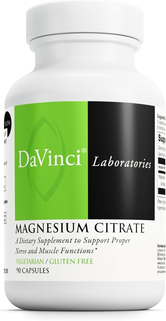 DaVinci Labs Magneziu Citrat - Supliment alimentar pentru a sprijini sănătatea musculară, nervii sănătoşi şi absorbţia minerală* - cu 140 mg magneziu per servire - Gluten-free - 90 capsule vegetale
