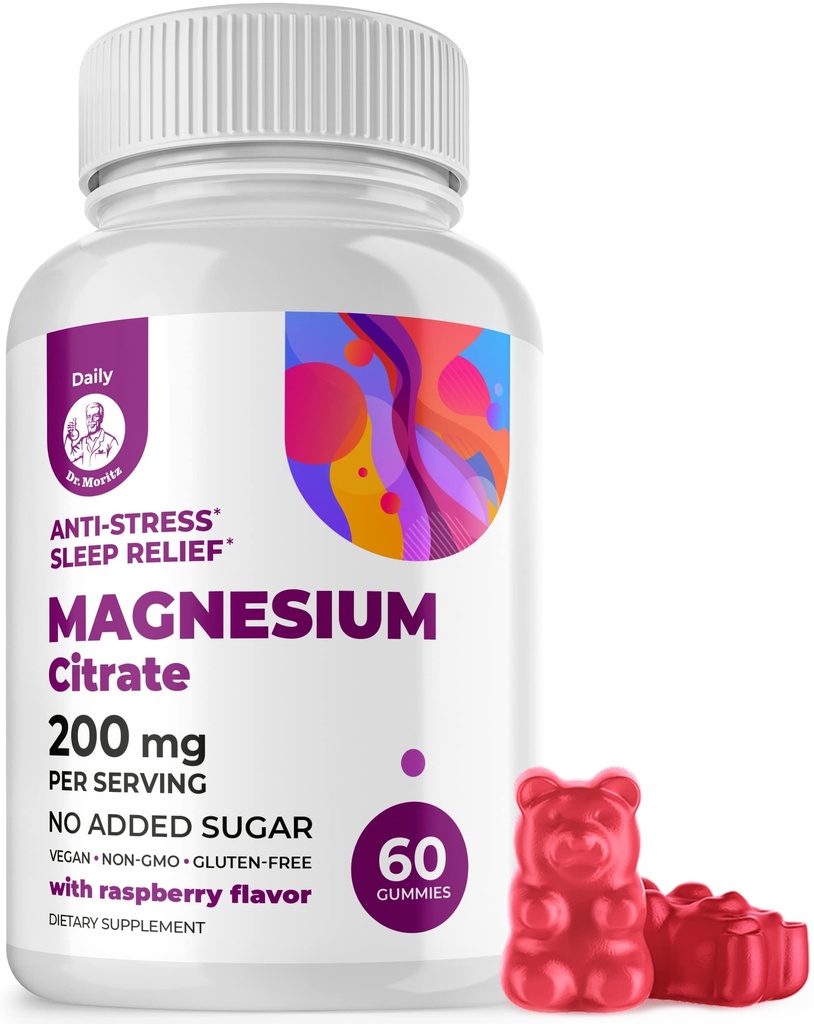 DR. MORITZ Magneziu Citrate Gumiile pentru adulți - Gume de magneziu fără zahăr - Sprijină un răspuns de stres sănătos - aroma de zmeură - non-GMO, 200 mg (conte 60)