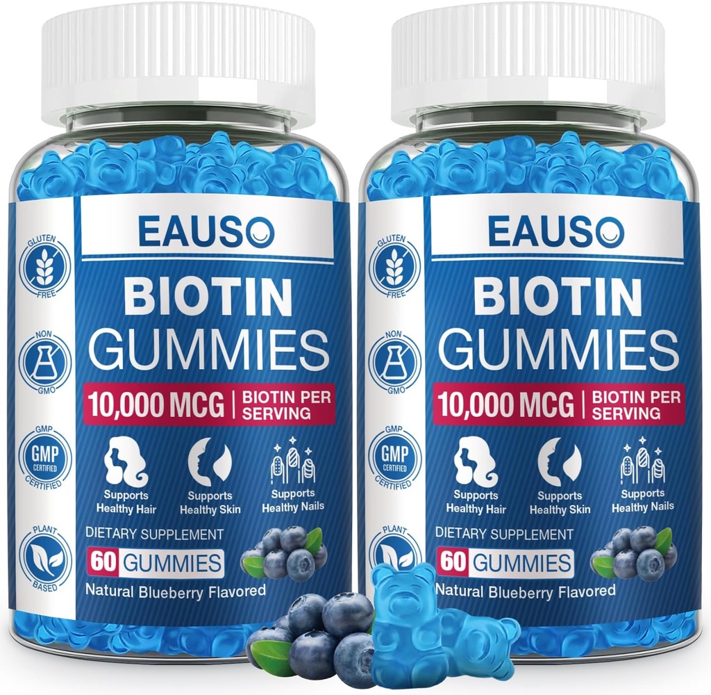 (2 ambalaj) Gume de biotin 10.000mcg pentru par sanatos, piele si unghii pentru adulti - 120 Gummies Vitamina - Vegan, non-GMO, supliment de sanatate pectină