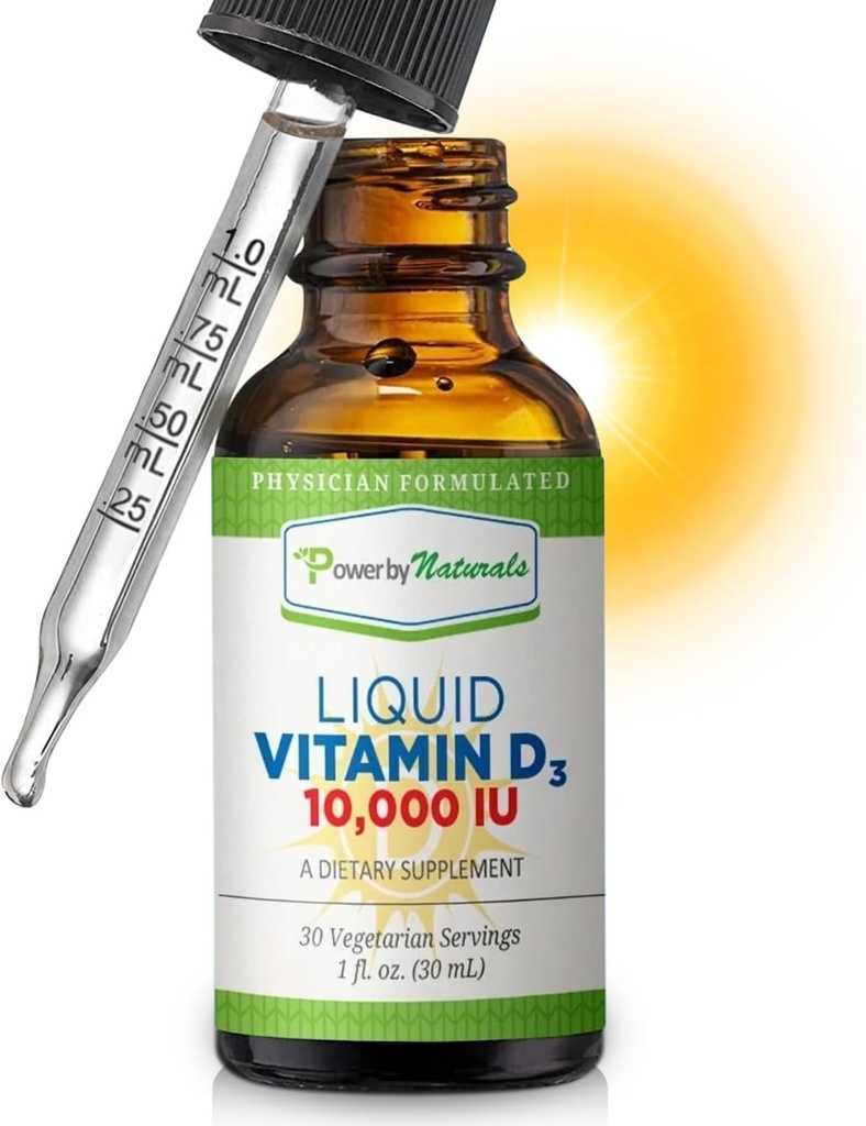 Putere Prin Naturals Vitamina D3 Picături lichide 10000 UI - Vitamina D3 de înaltă calitate pentru rezistența osoasă adultă și suport imunitar - Gluten-Free, non-GMO, Vitamina fără zahăr - Aroma portocalie, 1 fl Oz (30 Servings)