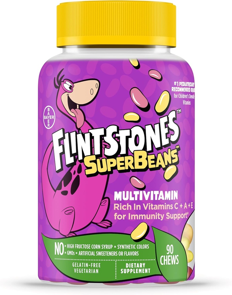 Flintstones Vitamine SuperBeans, Kids Multivitamine cu suport de imunitate cu vitamine A,D,Iodine &Zinc pentru a sprijini cresterea sanatoasa,Frut aroma,Vegetarian,Jelly Bean Chews,90 Conte (Packing poate varia)