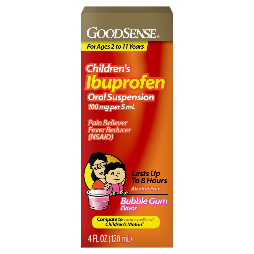 BunSense Copii Ibuprofen Suspensie orală, 100 mg per 5 ml, Pain Reliever & Fever Reductor, Gumă de mestecat Flavor