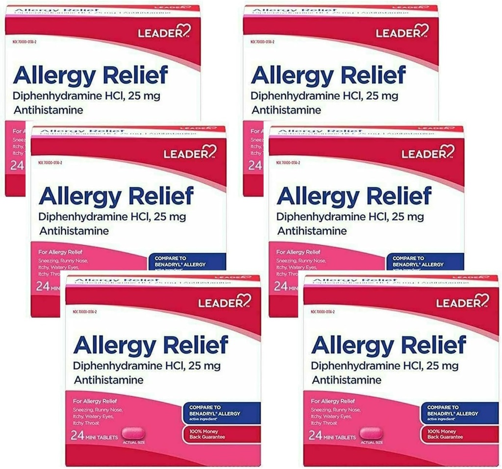 Leader Antihistaminic Alergie Relief Difenhidramină HCl, 25 mg Mini Tablete, 24 Count Pack de 6