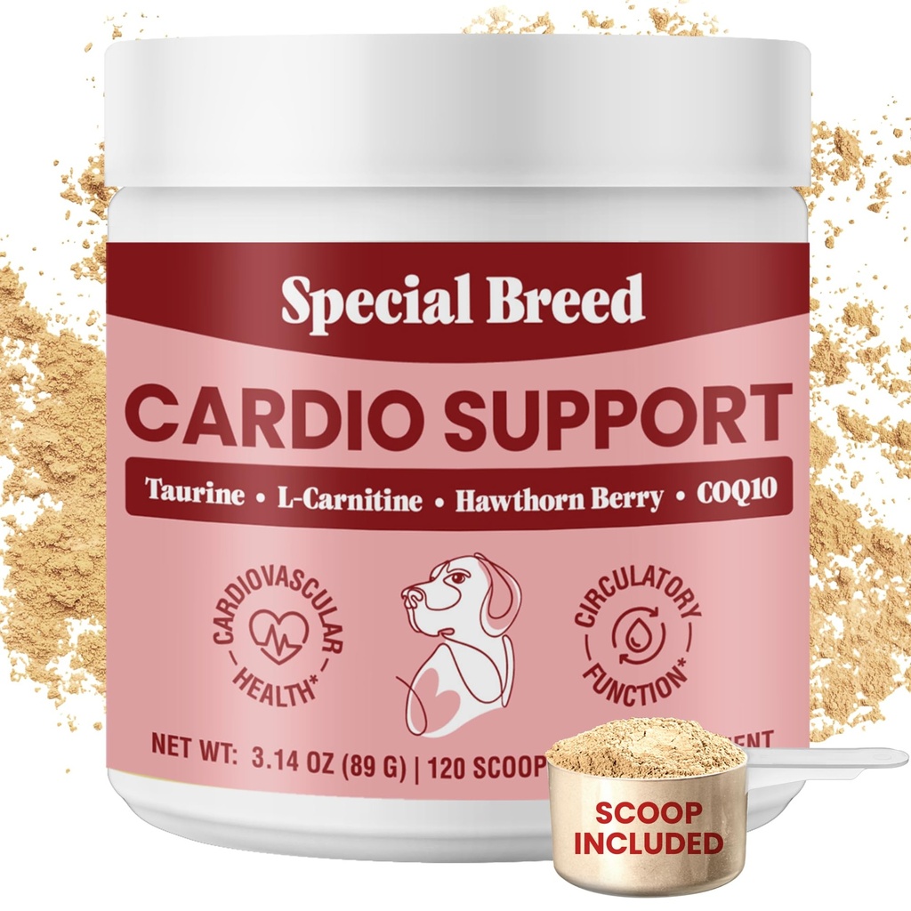 Suport Cardio special pentru câini Breed - suport de sanatate inima cu Taurină, CoQ10, Organic Hawthorne Berry, Powder Supliment, 120 Scoops, 3.14 oz