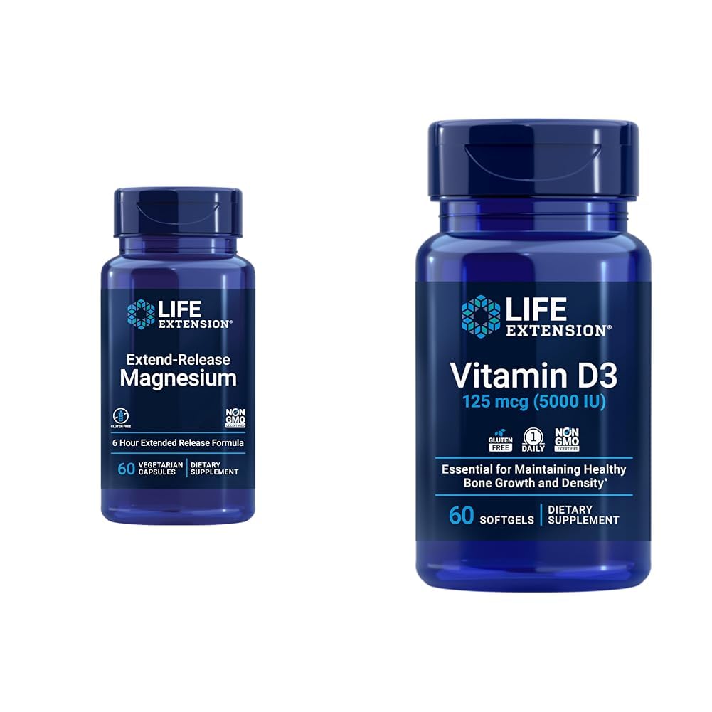 Extensie de viaţă Extindere-Release Magneziu Asistenţă medicală prelungită & Vitamina D3 5000 UI 125 mcg Bone, Brain & Immune Health - 60 Capsule & 60 Softgels