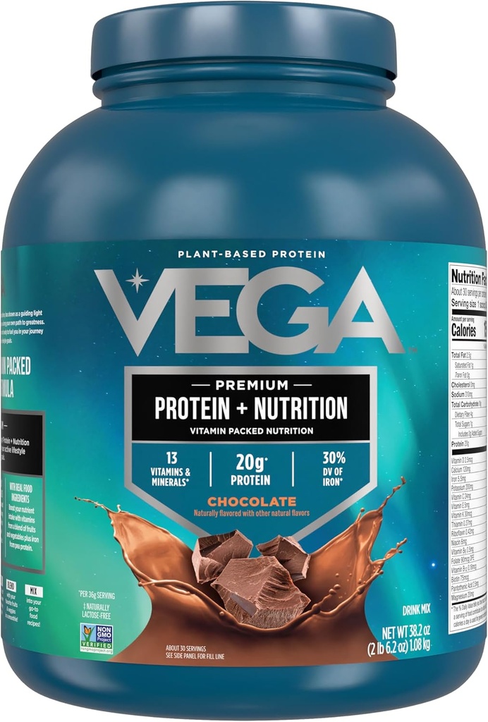 Vega Protein + Nutrition - 20g Plant-Based Pea Protein, Chocolate, 30 Servings, Vegan Keto Superfood, Antioxidant-Rich, Gluten Free, Dairy Free, Low Carb, 2.4lbs (Packaging May Vary)