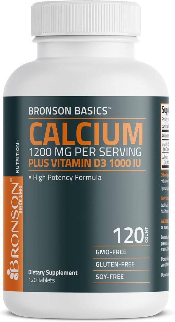 Bronson Calciu 1200 mg Per Servire Plus Vitamina D3 1000 UI Formula de înaltă potenţă, non-GMO, 120 comprimate