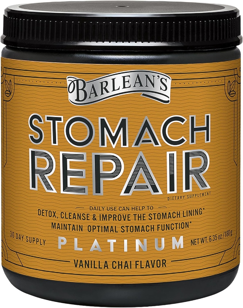 Barlean's Stomac Repair Gut Health Powder Supplement, Fiber and Digestive Supplements Blend for Detox and Cleanse, Vanilla Chai Drink Mix, 6.35 oz