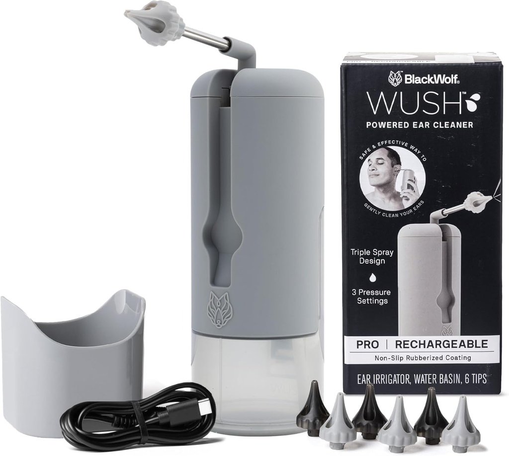 Wush Pro de Black Wolf - Original Deluxe Water Powered Ear Cleaner cu 6 Sfaturi de înlocuire reutilizabile de Black Wolf - Seif & Eficient pentru Build de ureche - Kit de îndepărtare a urechii electrice (Grey)