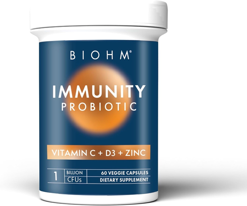 BIOHM Imunity Probiotic cu vitamina C, D3 & Zinc, 1 miliard CFU (60 capsule) Probiotice zilnice pentru femei și bărbați, Digestive Health & Immune Support, Vegan, Gluten-Free și non-GMO