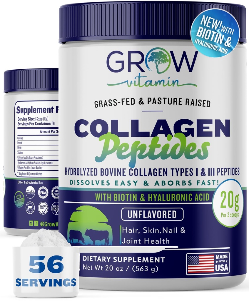 Colagen Peptides Powder 20g cu acid hialuronic & Biotin - iarbă nearomatizată Pudră de colagen Fed cu suplimente hidrolizate de tip I & III Colagen - păr, unghie, Skin & suport comun - 56 Serviri