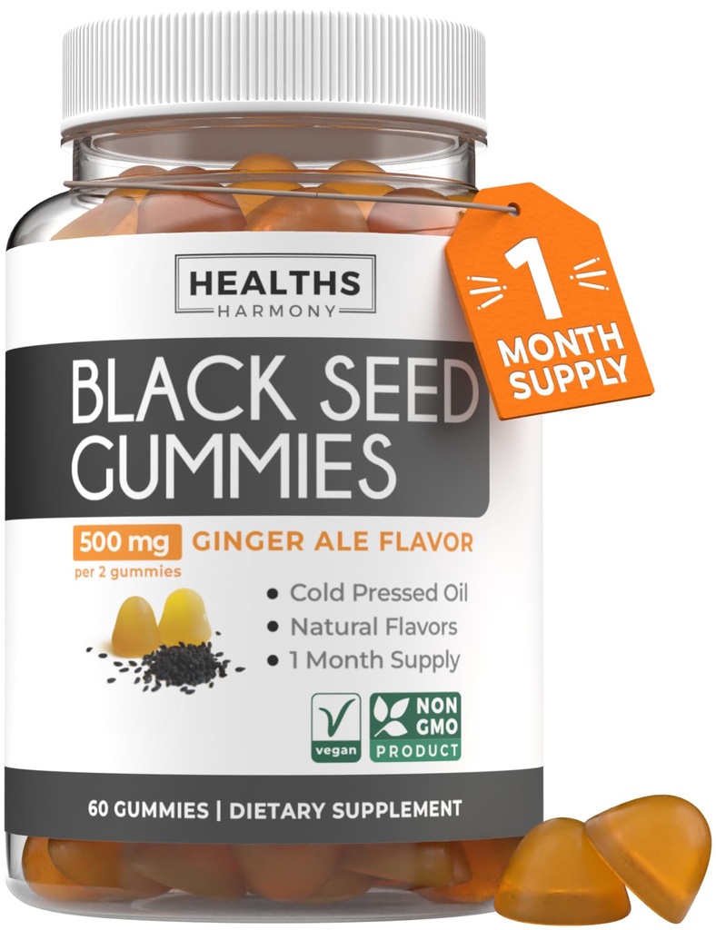 Negru Seed Oil Gummies - Aromă naturală de ghimbir Ale (Non-GMO & Vegan) Nigella Sativa rece-Pressed Producând ulei de semințe de chimen negru pur - 500 mg per 2 Gummy Servind