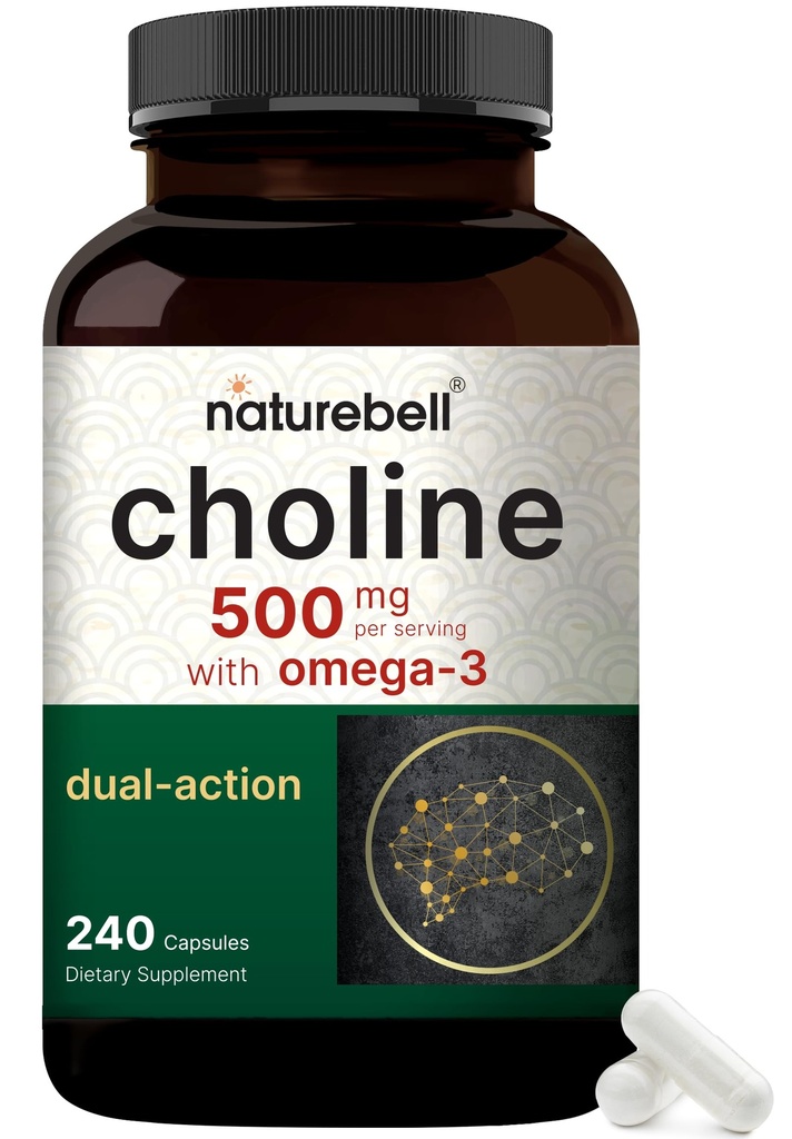 NatureBell Choline Suplimente 500mg cu Omega-3 acidi grasi, 240 capsule 