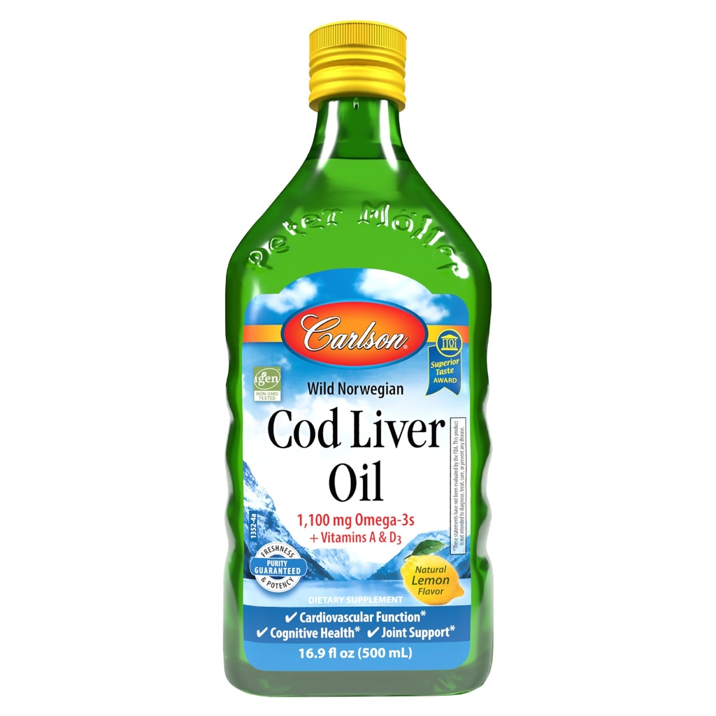 Carlson - Cod Ulei de ficat 1100 mg Omega-3s Plus Vitamine A & D3, Wild Caught Norvegian Arctic, Sustainable Source Nordic Fish Oil Liquid, Lemon, 500 ml (16,9 Fl Oz)