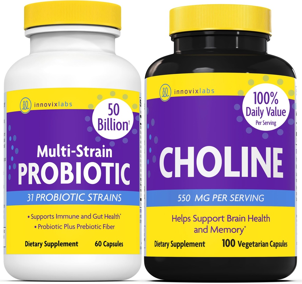 InnovixLabs Choline & Multi Probiotic Bundle Choline Bitartrat 550 mg (100 capsule) Probiotice multi-tulpinate (60 capsule). Suportă Memorie, Mood, Brain Health & Boost Cognitive.*