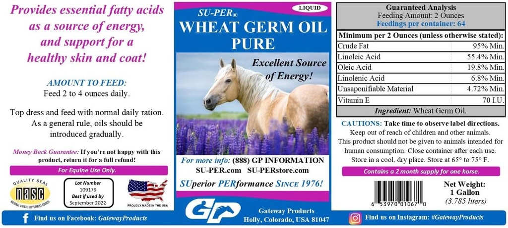 SU-PER grâu Germ ulei pur pentru cai - susține energie, rezistenta, rezistenta, sanatoasa piele si haina - acizi grasi esentiali, vitamine si minerale - 1 galon + pompa, 4 luni de aprovizionare