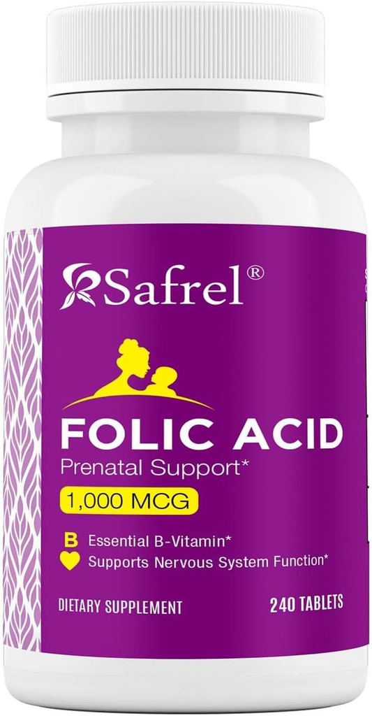 Safrel Folic Acid 1000 mcg (1 mg) - Vitamina B9-240 Tablete, Essential Prenatal si Vitamina Postnatala pentru Dezvoltare Fetala, Red Blood Production, Celula si Dezvoltarea Neurala 