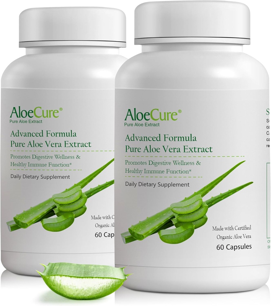 AloeCure Organic Aloe Vera Capsules, 160.000 mg Inner Aloe Leaf Echivalent per Serving, Suport Gut, Digestive, & Immune Health, Ajuta la mentinerea echilibrului aciditatea stomacului, Aloin gratuit, 60Caps x 2Btl