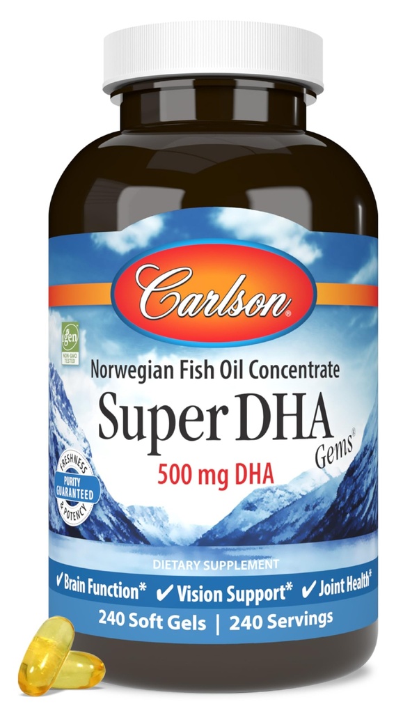 Carlson Super DHA Gems - 500 mg Suplimente DHA, 640 mg Acid gras, Norvegian Concentrat ulei de pește, Wild-Caught, Susținută capsule ulei de pește, 240 Softgels