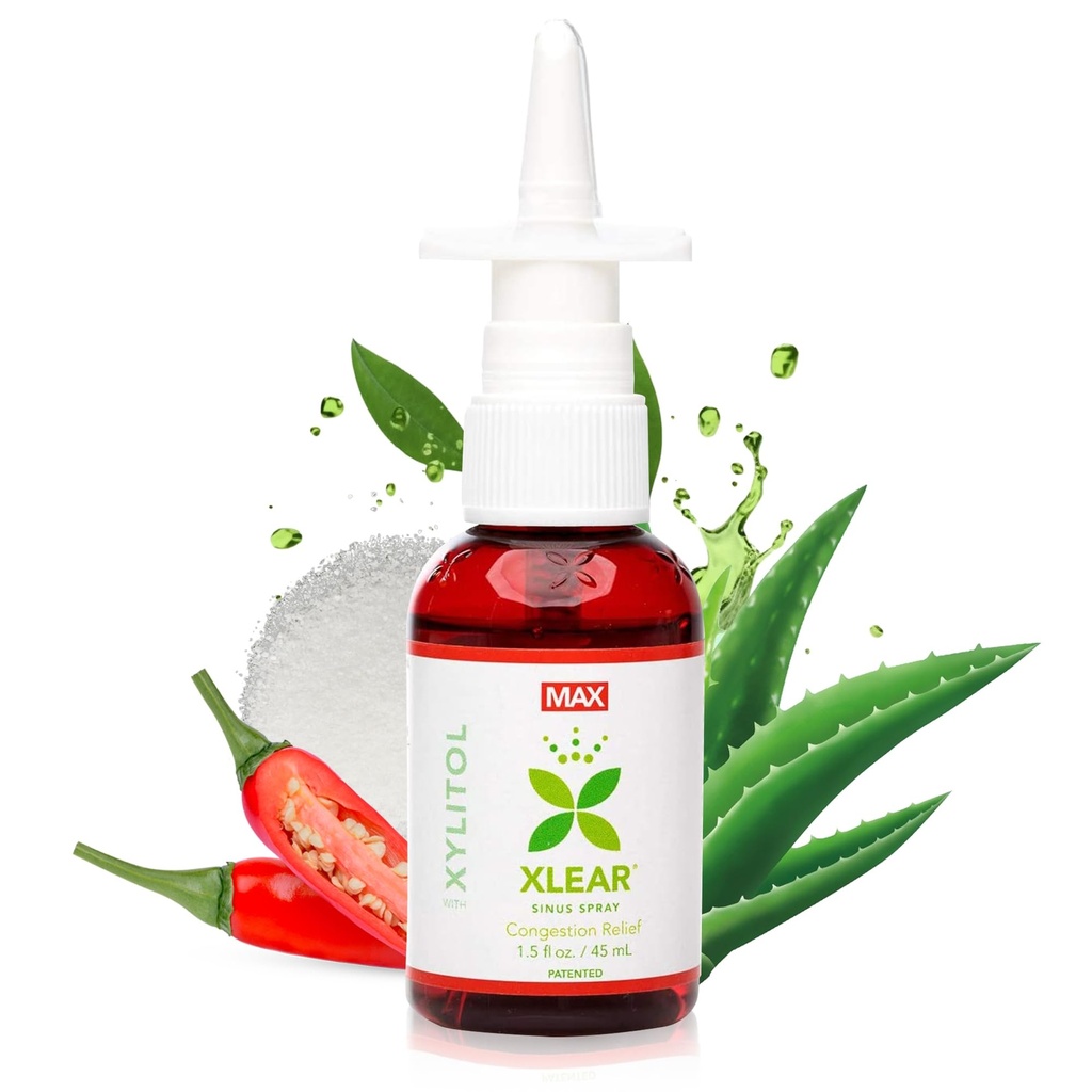 Xlear MAX Natural Xylitol Saline Nasal Spray cu Capsicum și Aloe - Acționează rapid pentru presiunea sinusală, Decongestant, Cefalee, nas uscat, 1,5 fl oz (Pachet de 1)