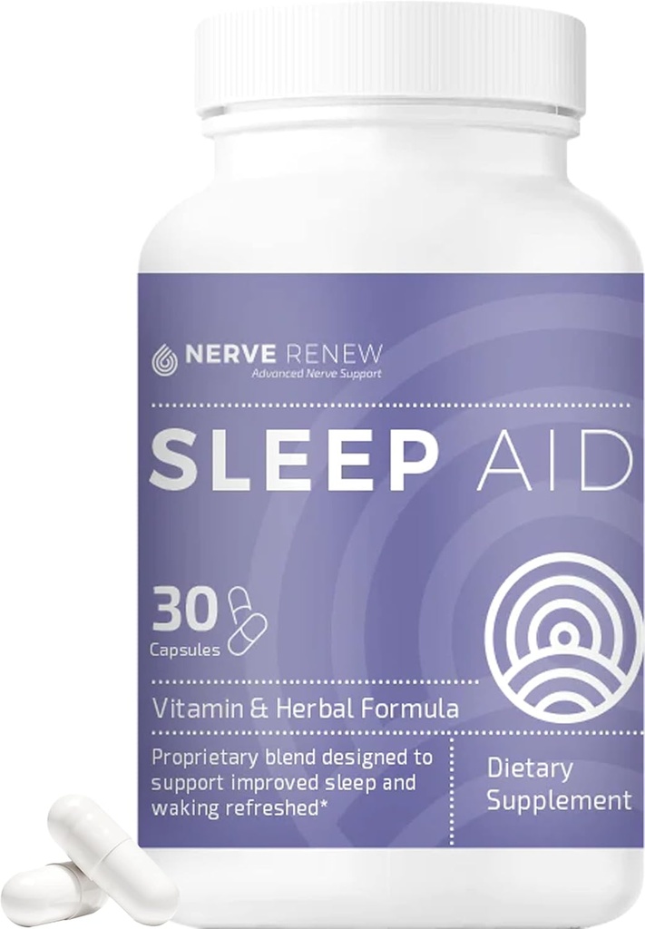 NERVE RENEW Ajutor pentru somn - Supliment alimentar pentru un somn mai bun - 30 capsule - Lucreaza rapid - Gentle All-Natural Herbal and Vitamin Formula cu Melatonina, magneziu, zinc, aminoacizi, extracte de plante aromatice