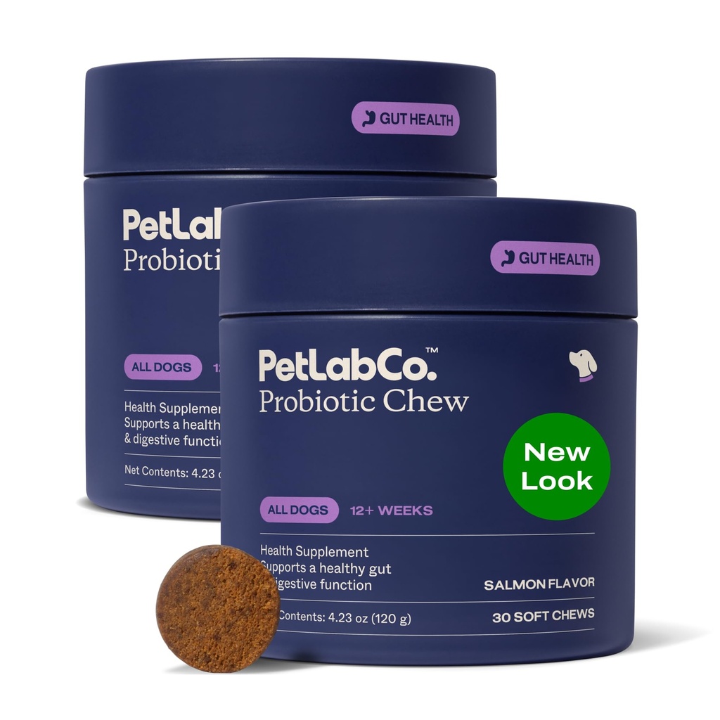 PetLab Co. Probiotice pentru câini, Suport Sanatate Gut, Diaree ocazionala, Digestive Health & Alergii sezoniere - Salmon Flavor - Ambalaj mai Vary - 30 Soft Chews Pack de 2