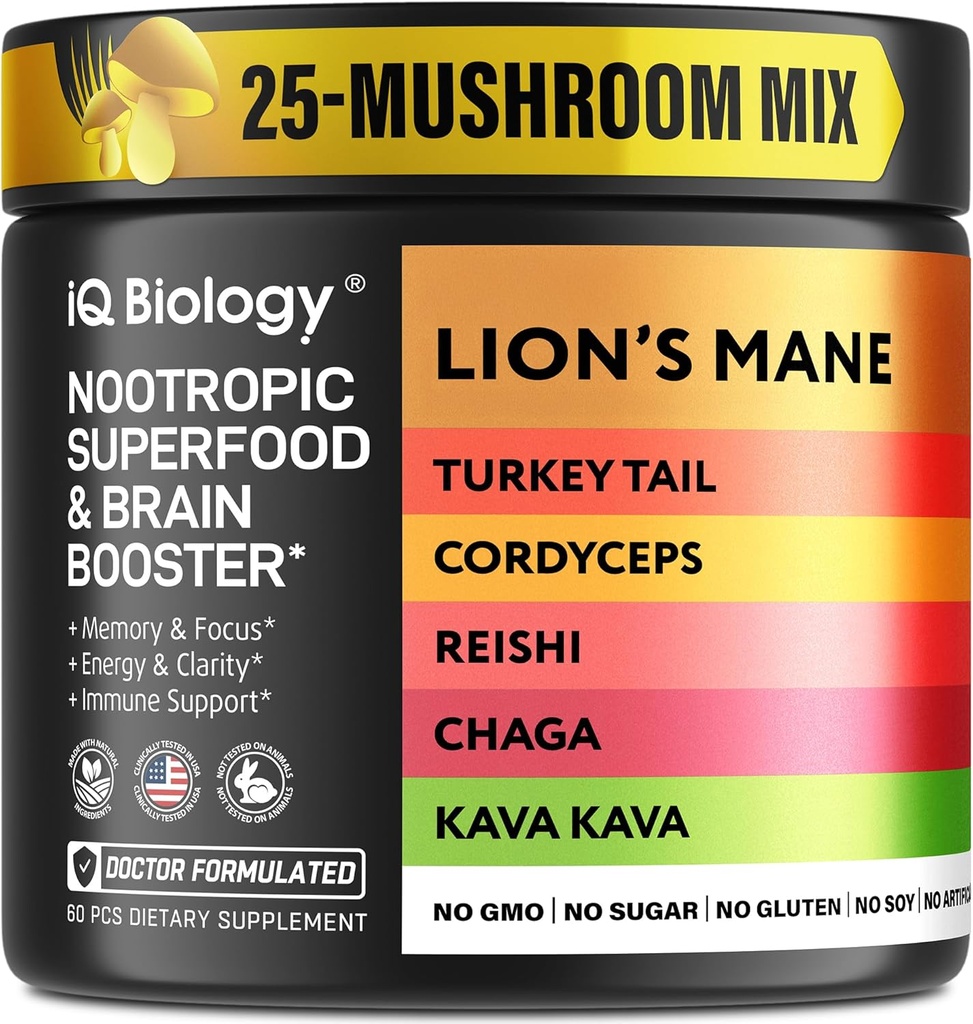 Kava Kava Root Cordyceps Lions Mane Reishi Mushroom Supplement, Nootropic Ciuperci Capsule Kava Kava Extract, Moshroom Vitamine pentru femei, Ashwagandha, Magneziu - 60 Caps (1 ambalaj)