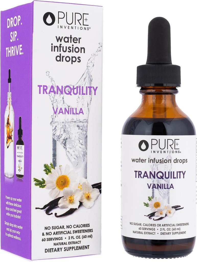 Inventii Pure Tranquility - Suporta relaxare - Vanilie si musetel - picaturi de apa - Fara zahar, calorii sau indulcitori artificiali - 60 portii - 2 oz