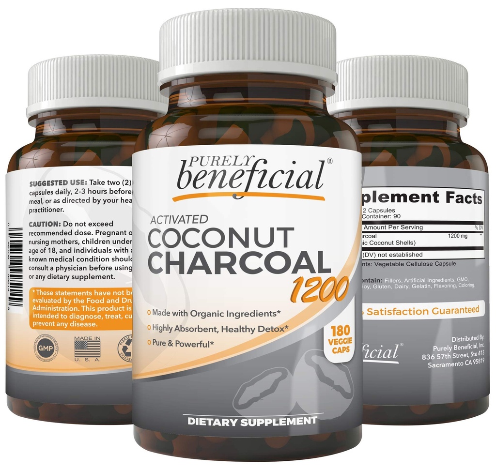 Coconut Charcoal activat 1200mg, 180 capsule - pastile pentru sistemul digestiv, balonare, Vegan (1 flacon)