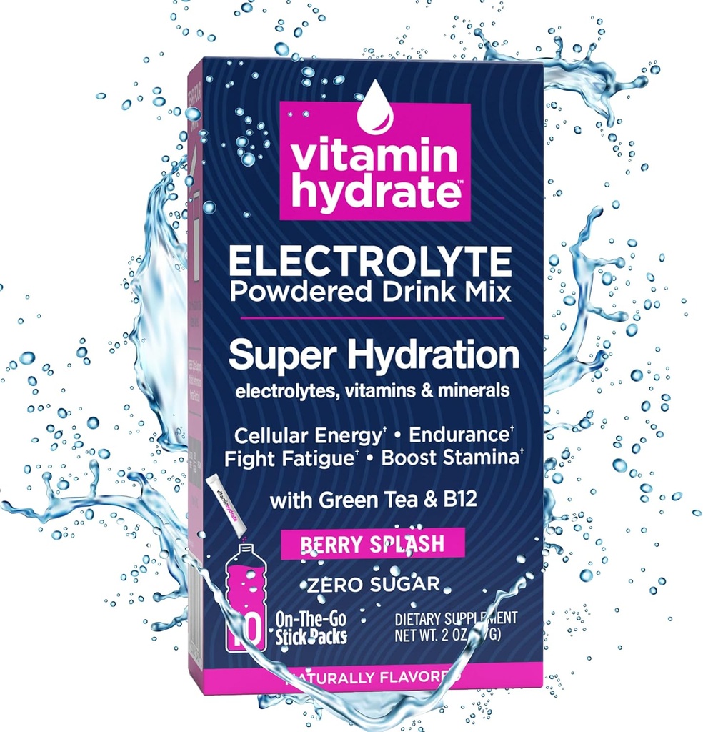 Vitamina hidrat Electrolit Pudrate Drink Mix, Super Hidratare, Boost Stamina & Lupta Oboseală, Bursting cu Electroliti, Vitamine & Minerale, 0 Zahăr, Berry Splash, 10 Stick Packs