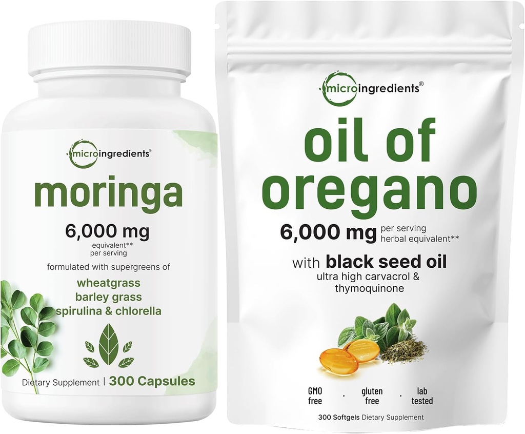 Micro Ingrediente Ulei de Oregano Softgels 300 Count & Moringa Oleifera 6000 mg echivalent 300 Capsule Bundle 2 Pachet 
