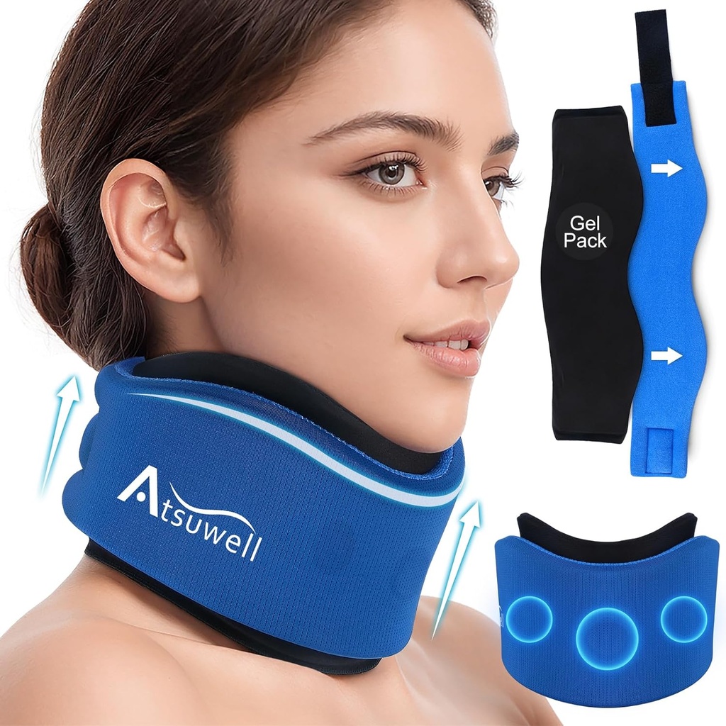 Atsuwell Neck Brace pentru dormit, moale Collar cervical pentru suport, Ajustabil Neck Suport Brace cu Hot Gel Cold Packs Reutilizabil pentru presiune birou, oboseală, albastru