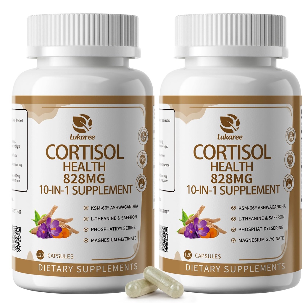 10-IN-1 Cortizol Suplimente cu magneziu, Ashwagandha, Mușețel, L-Teanină, Fosfatidilserină, sunătoare Sf. Ioan, Astragalus, Vitamina C & D3, pentru femei, 240 capsule Vegane pentru 4 luni, non-GMO