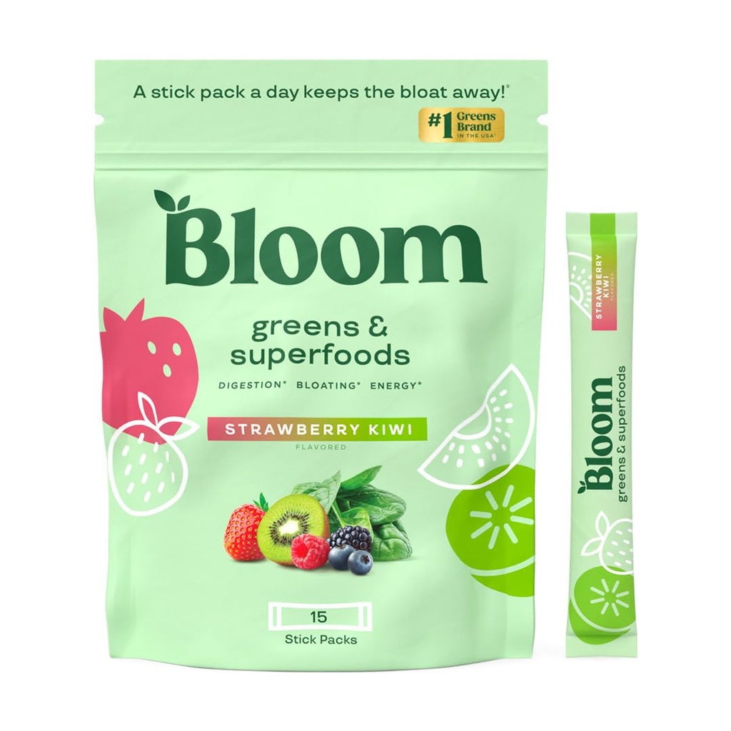 Bloom Nutriție Superfood Greens Pulbere, Enzime digestive cu Probiotice și Prebiotice, Sanatate Gut, Relief Blooting pentru femei, Chlorella, Green Juice Mix w Root Powder, 60 SVG, Căpșuni Kiwi